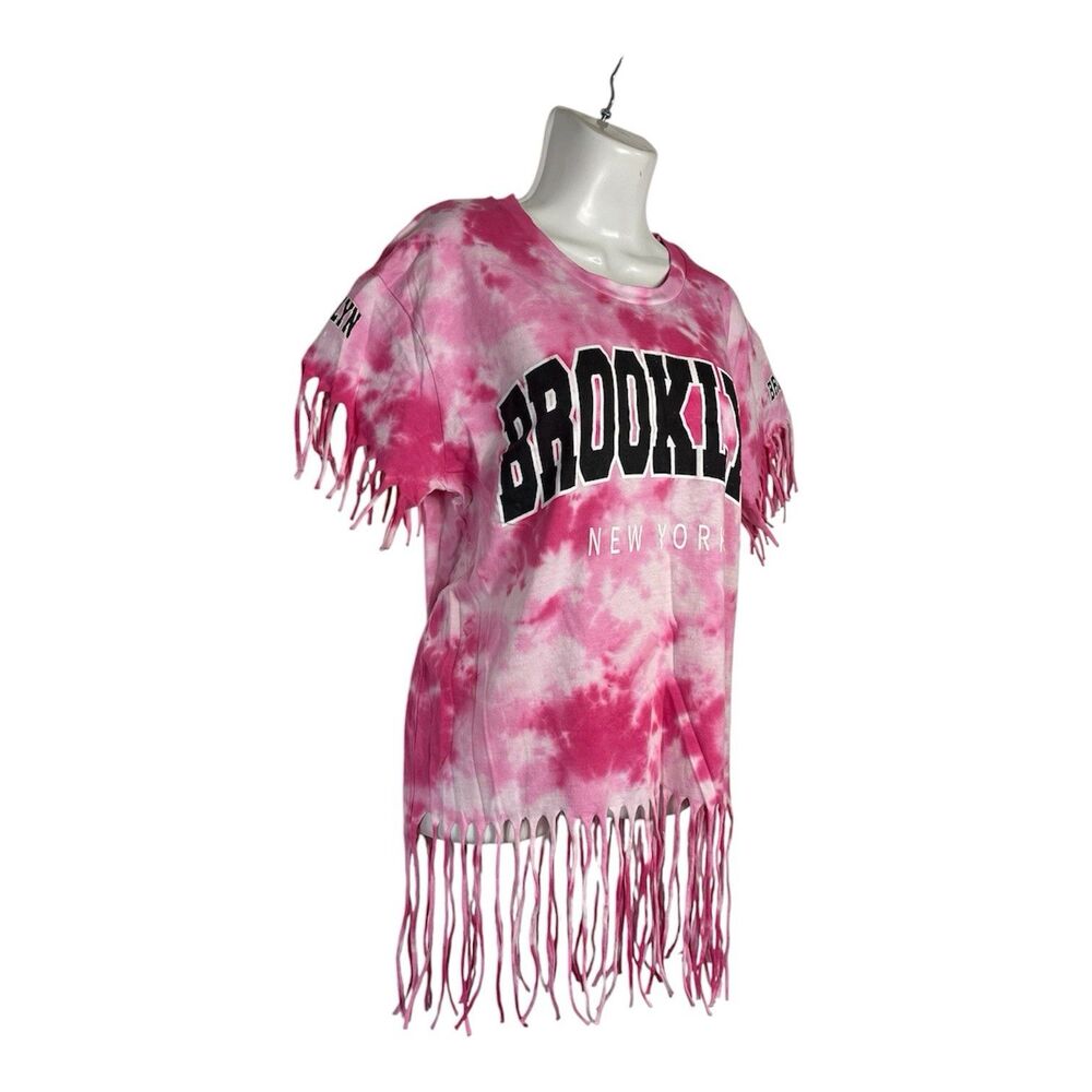 On Fire Women’s 2X Pink Tie Dye Brooklyn NY Fringe T-Shirt Boho Festival Cotton - Picture 2 of 7